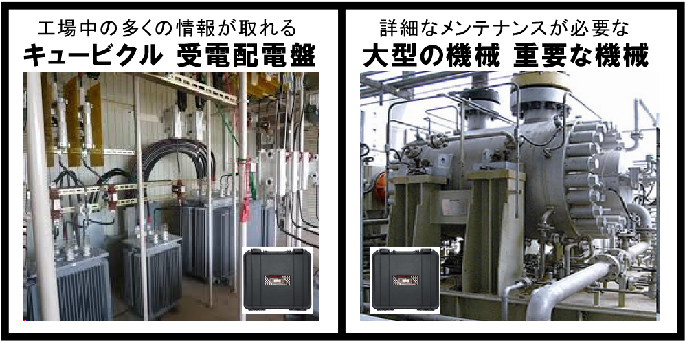 工場の多くの情報がとれるキュービクル、受電配電盤や詳細なメンテナンスが必要な大型の機械、重要な機械の詳細管理が可能です